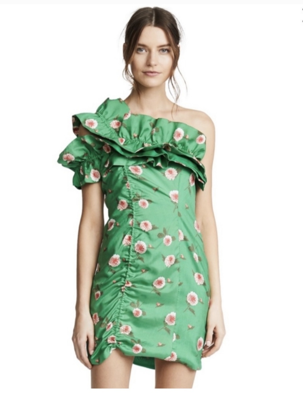 Silk Green Floral One-Shoulder Ruffle Mini Dress